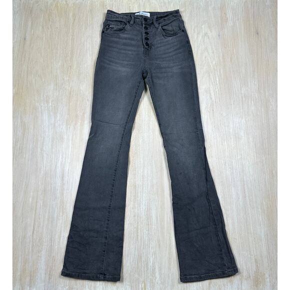 KanCan High Rise Washed Black Denim Exposed Button Fly Stretch Bootcut Jeans 26 - Picture 1 of 14